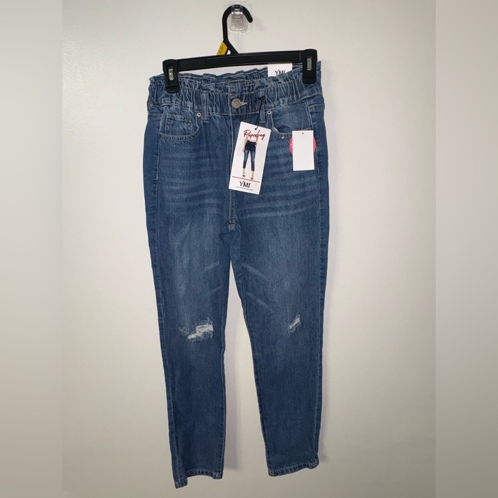 YMI Women Paperbag Jeans ripped elastic waist Distressed Blue Jeggings